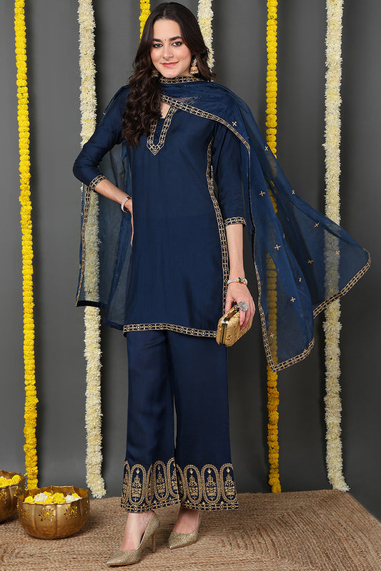 Blue Silk Blend Solid Embroidered Straight Suit Set PKSKD2173