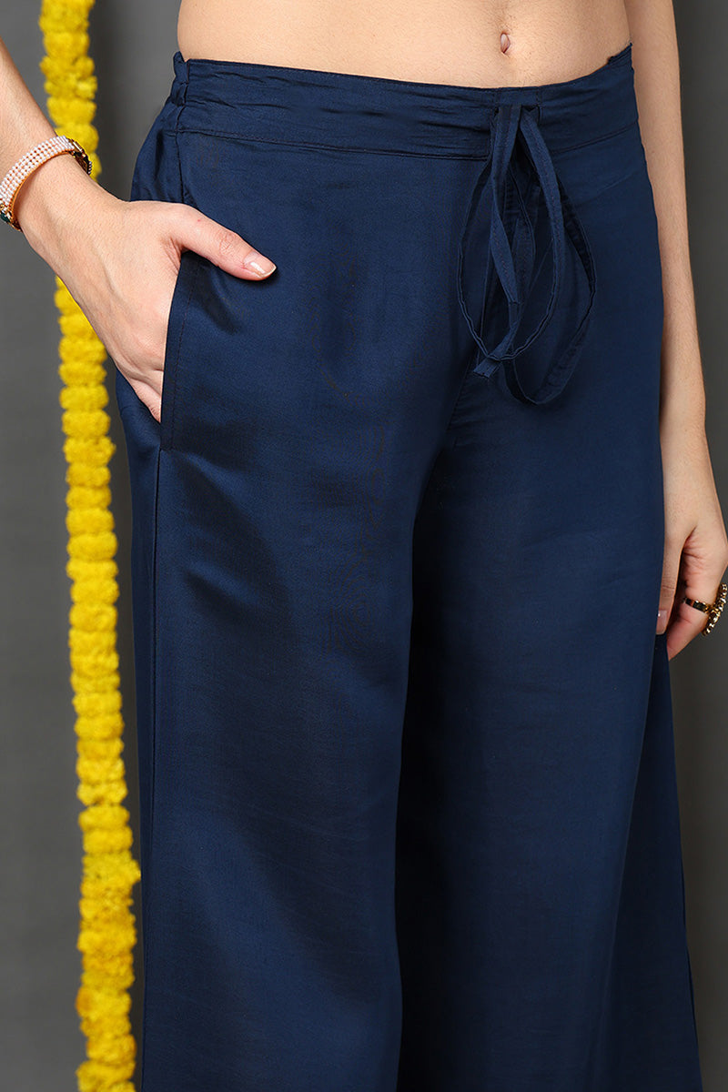 Blue Silk Blend Solid Embroidered Straight Suit Set PKSKD2173