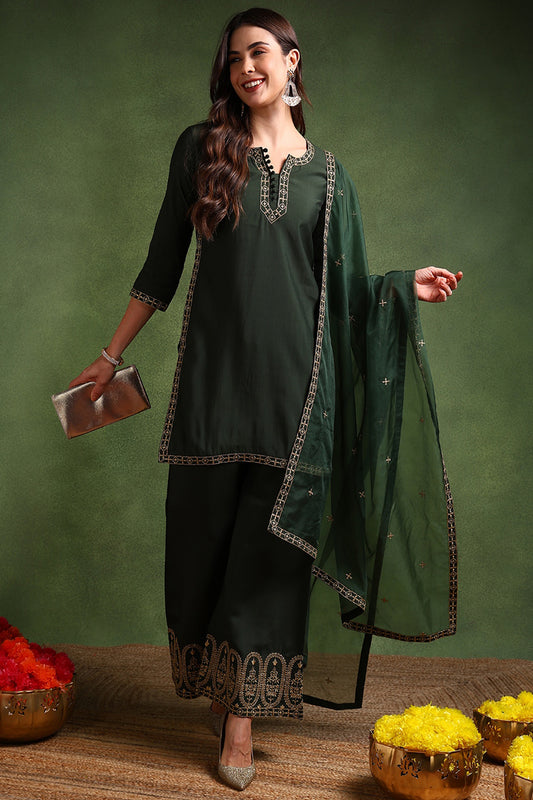 Green Silk Blend Solid Embroidered Straight Suit Set PKSKD2174