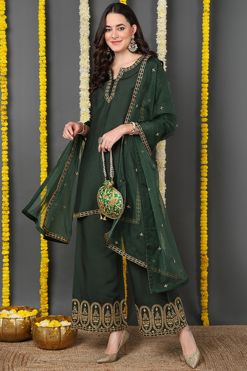 Green Woven Design Silk Blend Straight Suit Set With Dupatta