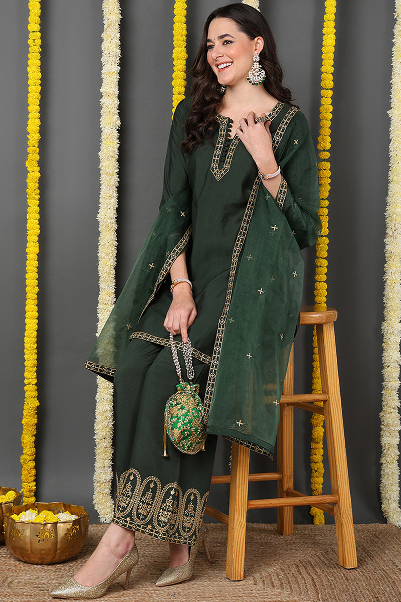 Green Silk Blend Solid Embroidered Straight Suit Set PKSKD2174