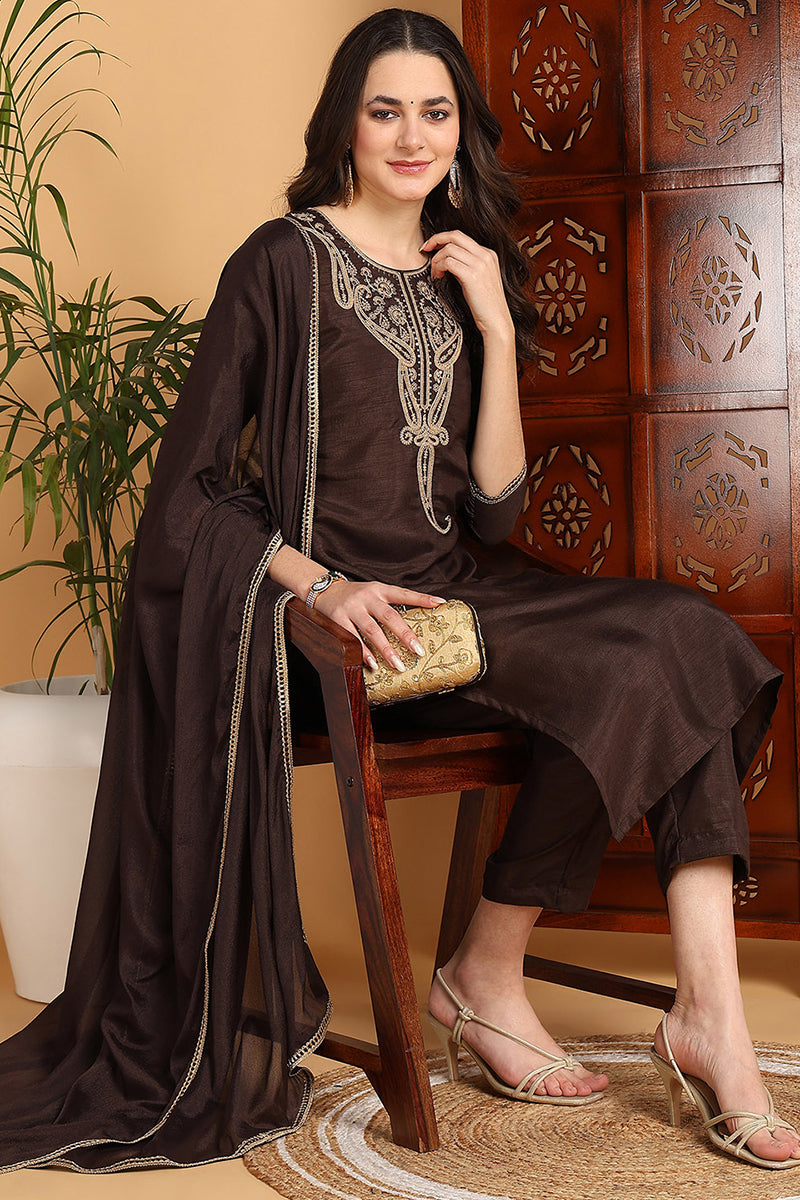 Brown Silk Blend Solid Embroidered Straight Suit Set PKSKD2175