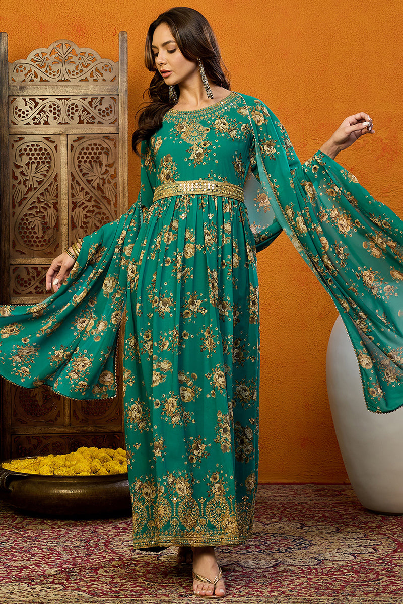 Green Georgette Floral Printed Flared Suit Set PKSKD2183