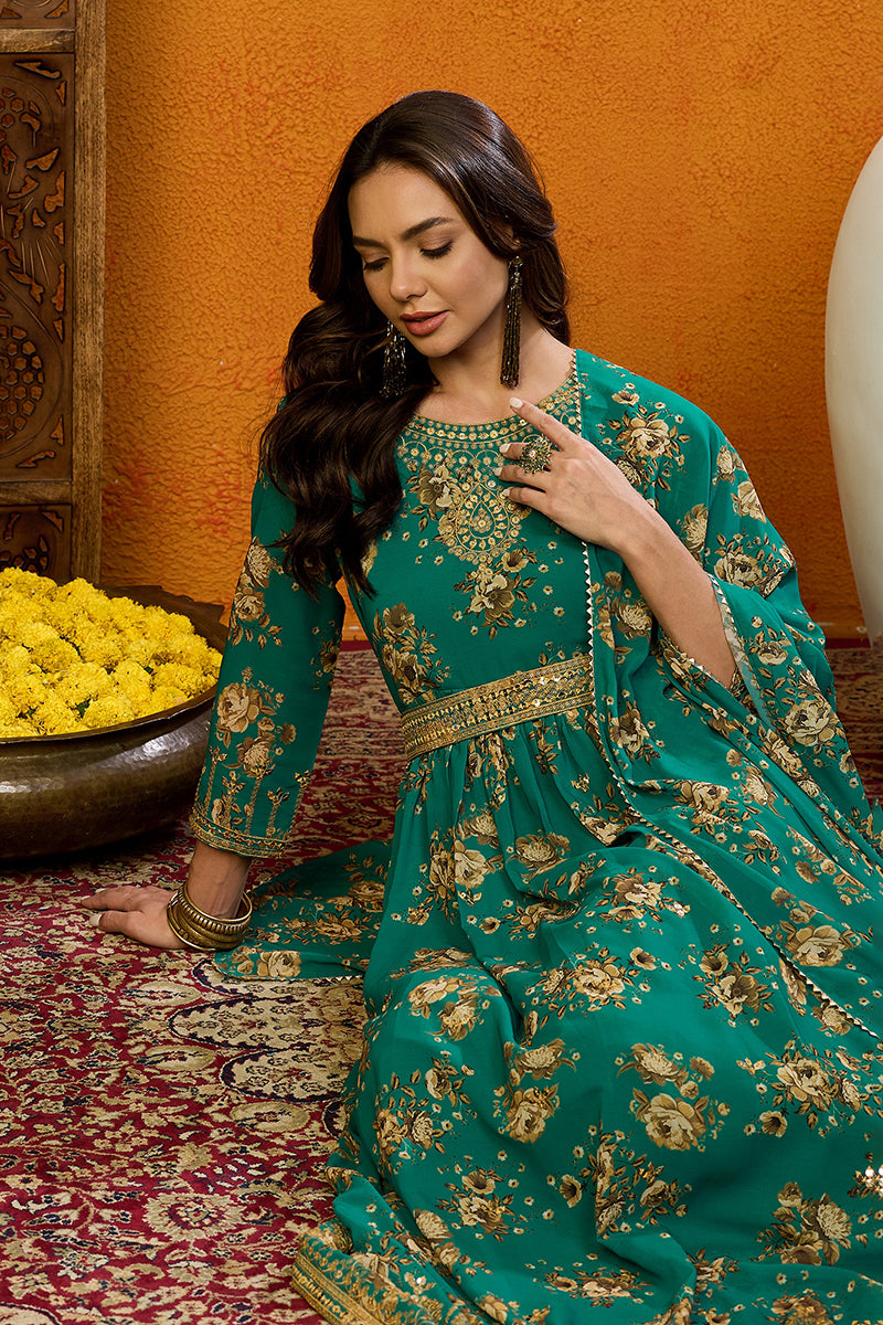 Green Georgette Floral Printed Flared Suit Set PKSKD2183