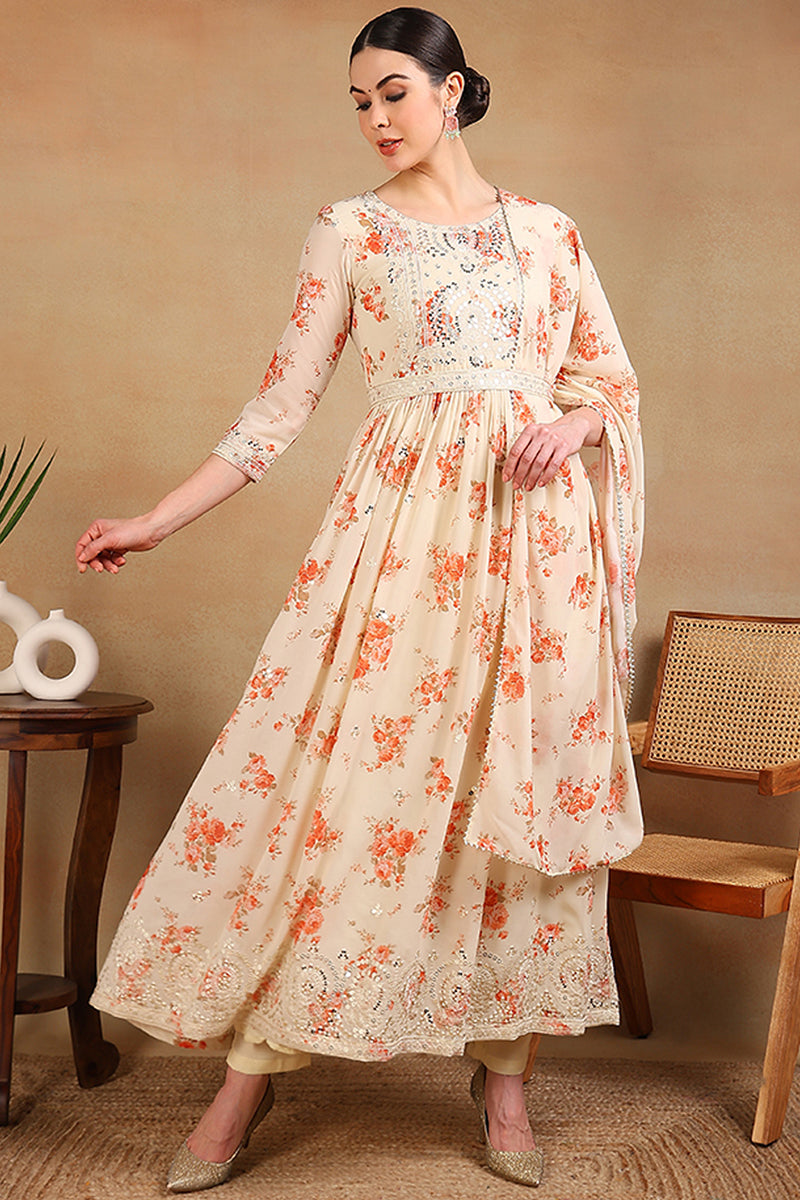 Off White Georgette Floral Printed Flared Suit Set PKSKD2184