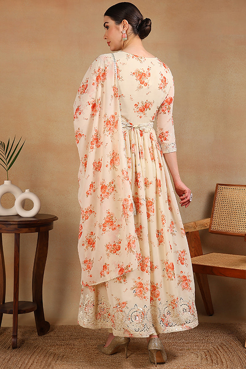 Off White Georgette Floral Printed Flared Suit Set PKSKD2184