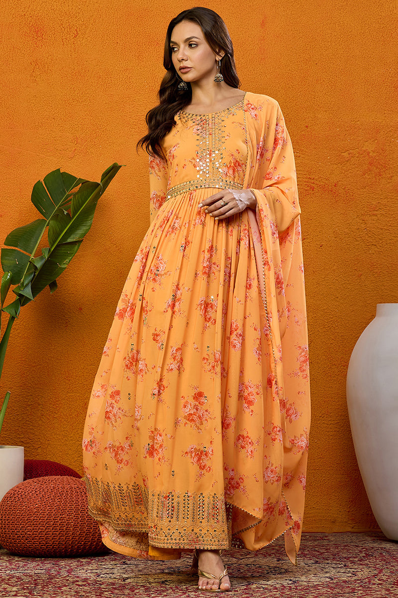 Orange Georgette Floral Printed Flared Suit Set PKSKD2186