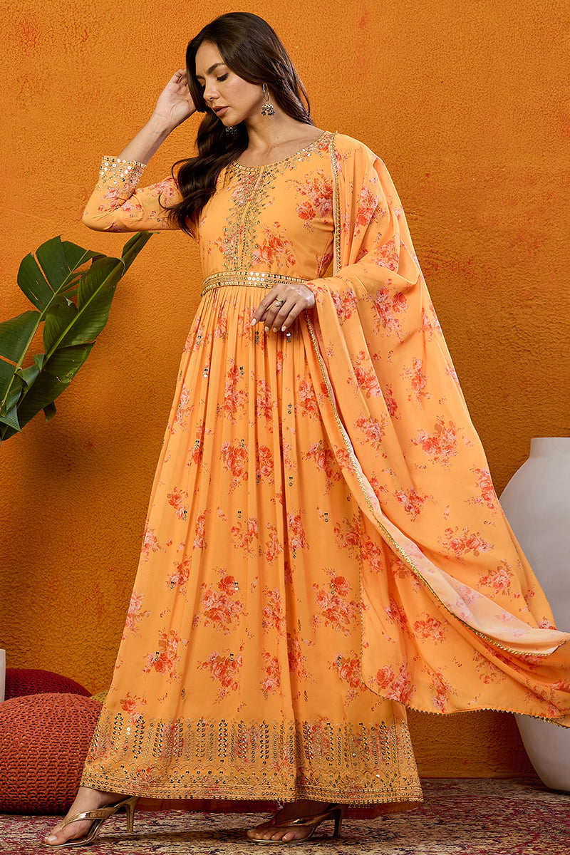 Orange Georgette Floral Printed Flared Suit Set PKSKD2186