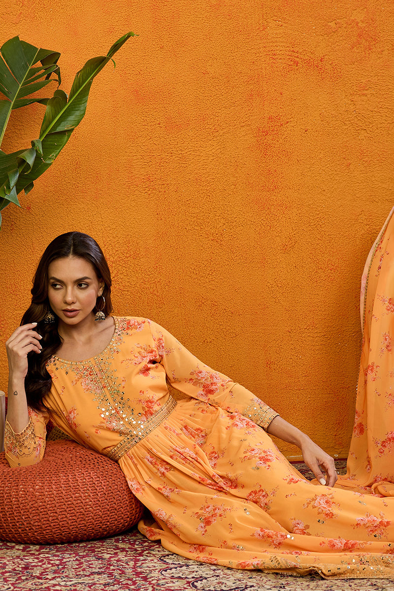 Orange Georgette Floral Printed Flared Suit Set PKSKD2186