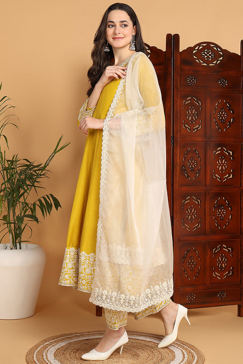 Yellow Silk Blend Solid Embroidered Flared Suit Set PKSKD2193