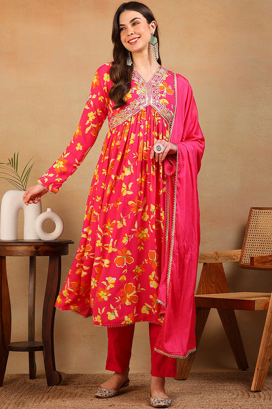 Pink Poly Georgette Floral Printed Flared Empire Suit Set PKSKD2194