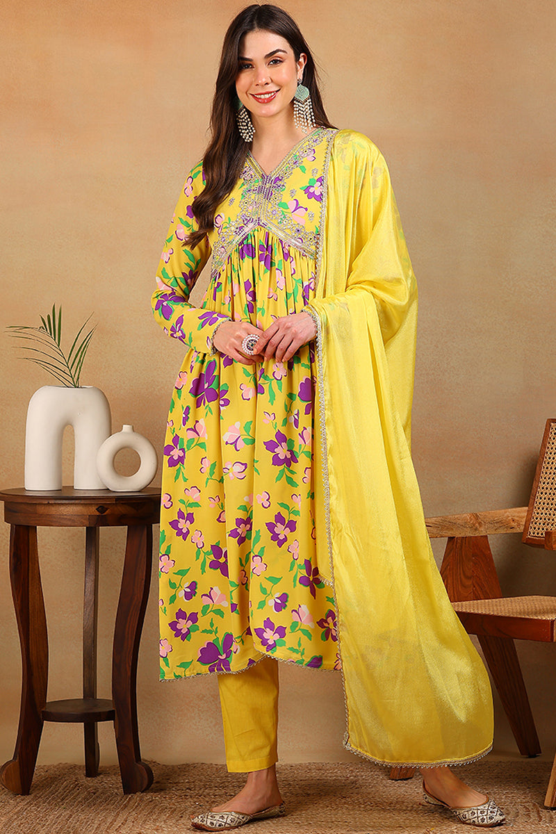 Yellow Poly Georgette Floral Printed Flared Empire Suit Set PKSKD2196