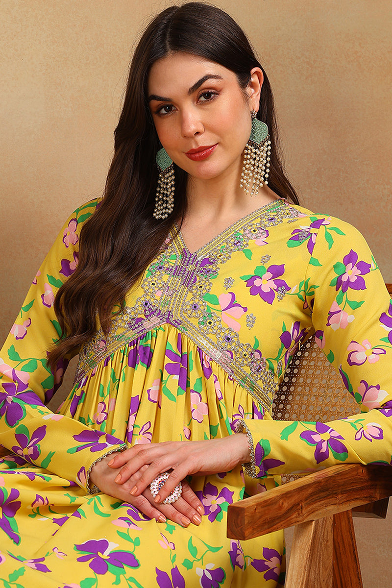 Yellow Poly Georgette Floral Printed Flared Empire Suit Set PKSKD2196