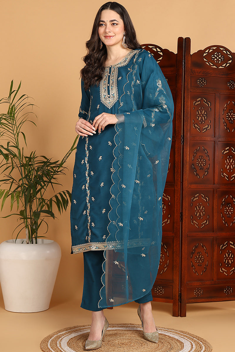 Teal Silk Blend Ethnic Motifs Embroidered Straight Suit Set PKSKD2198