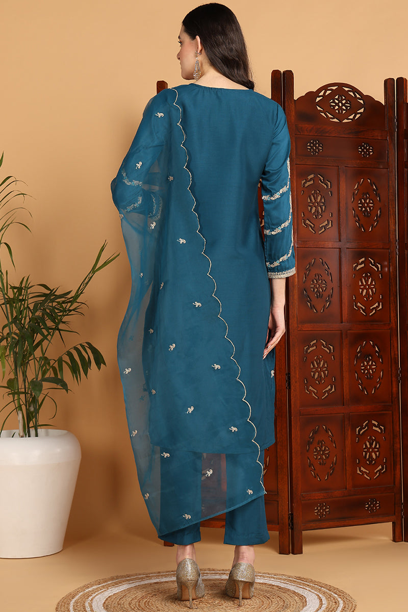 Teal Silk Blend Ethnic Motifs Embroidered Straight Suit Set PKSKD2198