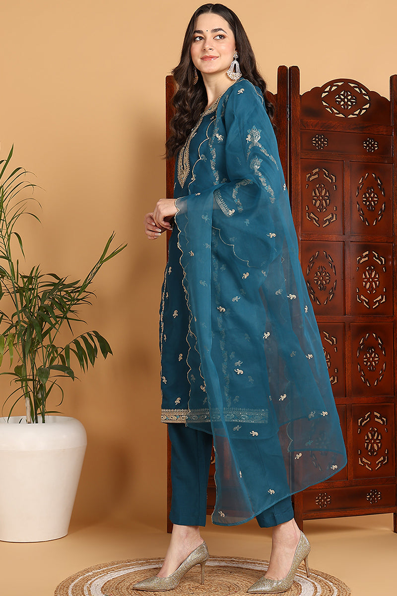 Teal Silk Blend Ethnic Motifs Embroidered Straight Suit Set PKSKD2198