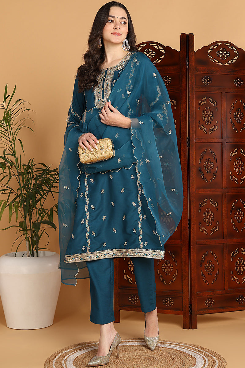 Teal Silk Blend Ethnic Motifs Embroidered Straight Suit Set PKSKD2198