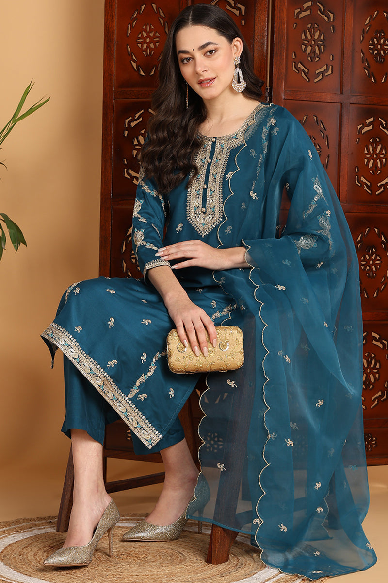 Teal Silk Blend Ethnic Motifs Embroidered Straight Suit Set PKSKD2198