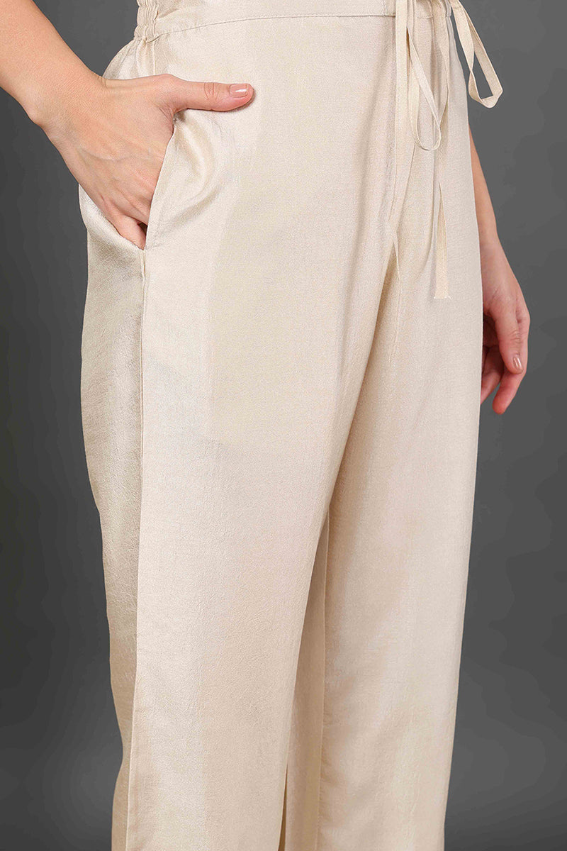 Off White Silk Blend Solid Yoke Design Straight Suit Set PKSKD2199