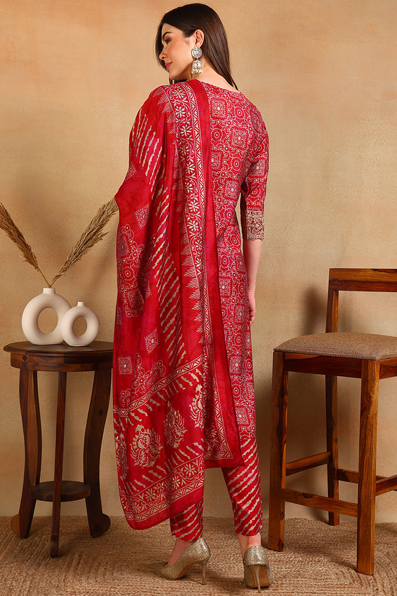 Maroon Silk Blend Ethnic Motifs Printed Straight Suit Set PKSKD2201