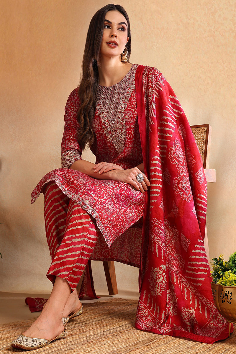 Maroon Silk Blend Ethnic Motifs Printed Straight Suit Set PKSKD2202