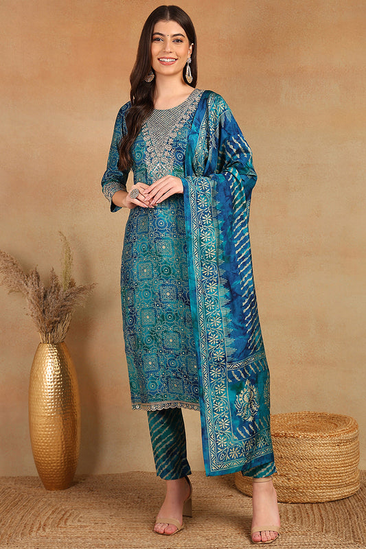 Teal Silk Blend Ethnic Motifs Printed Straight Suit Set PKSKD2203