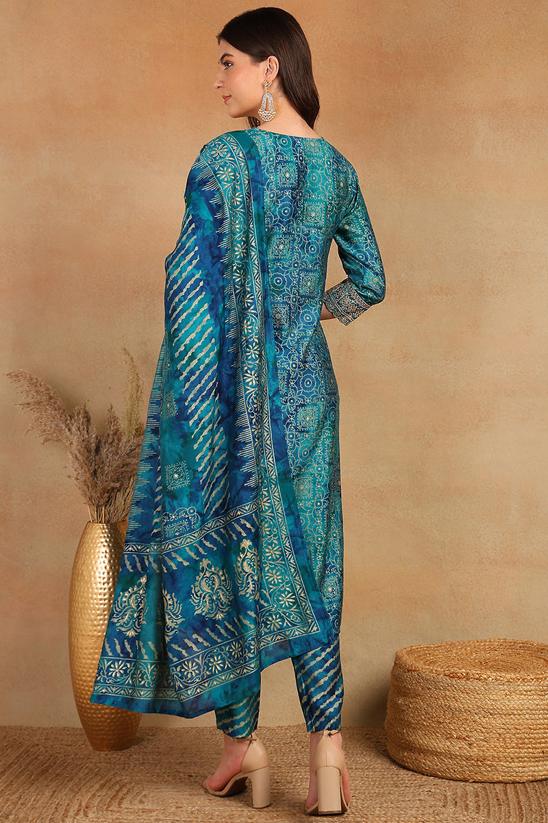Teal Silk Blend Ethnic Motifs Printed Straight Suit Set PKSKD2203