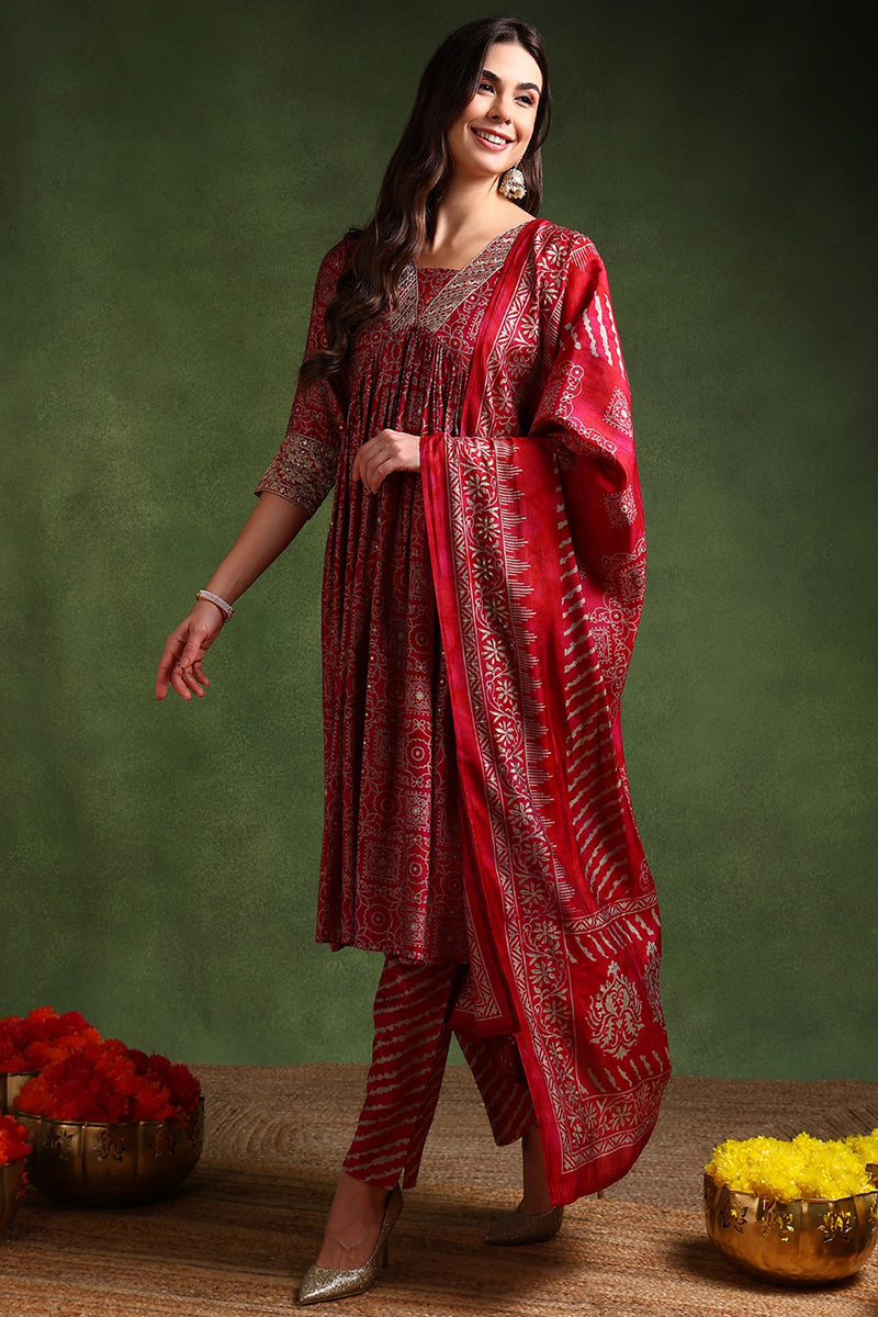 Maroon Silk Blend Ethnic Motifs Printed Flared Suit Set PKSKD2204