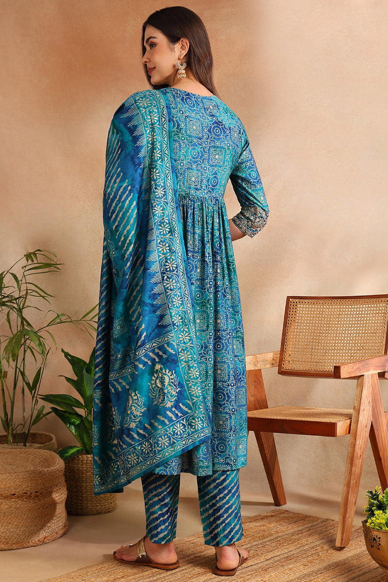 Teal Silk Blend Ethnic Motifs Printed Flared Suit Set PKSKD2205