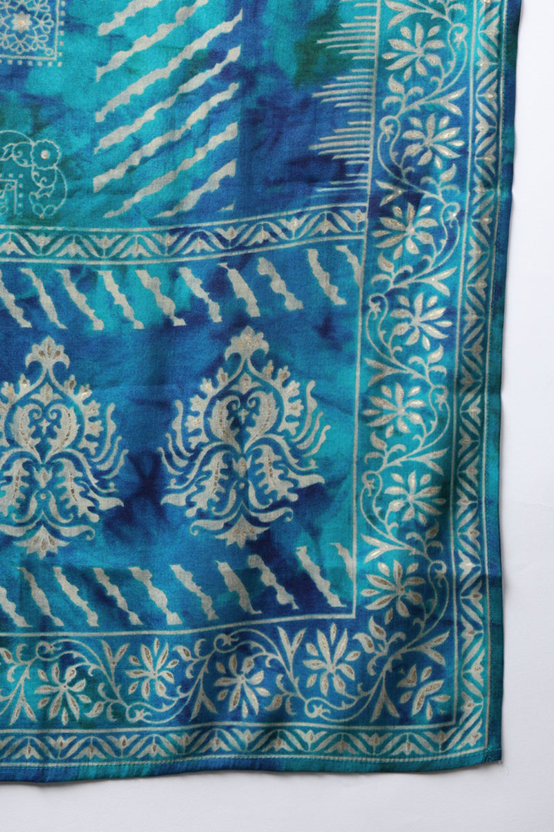 Teal Silk Blend Ethnic Motifs Printed Flared Suit Set PKSKD2205