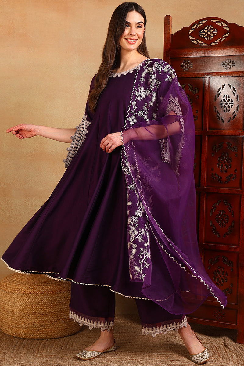 Purple Silk Blend Solid Embroidered Flared Suit Set PKSKD2209