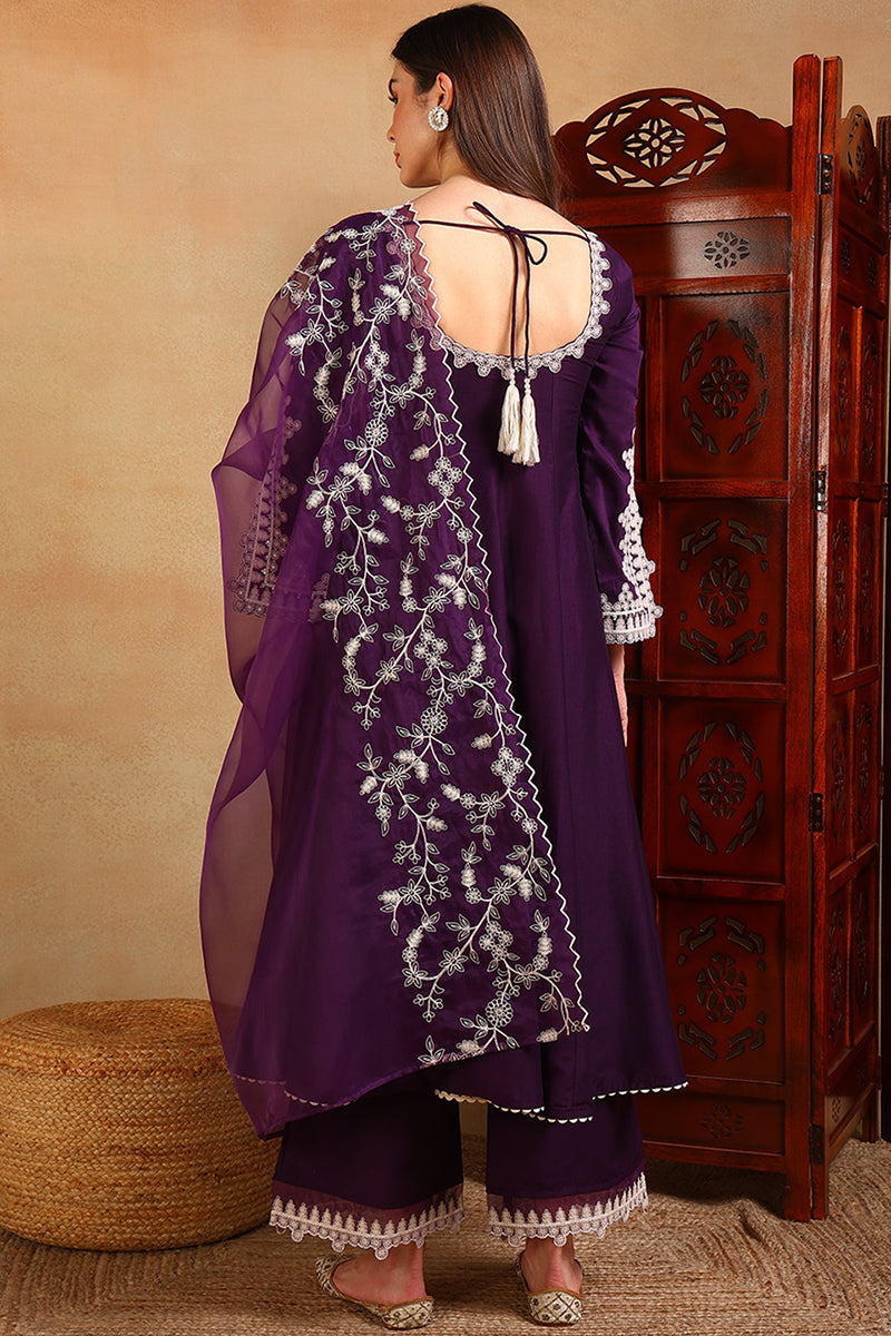 Purple Silk Blend Solid Embroidered Flared Suit Set PKSKD2209