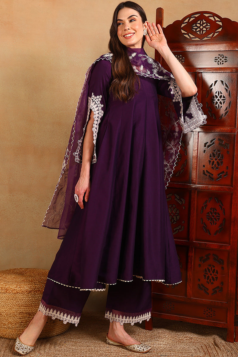 Purple Silk Blend Solid Embroidered Flared Suit Set PKSKD2209