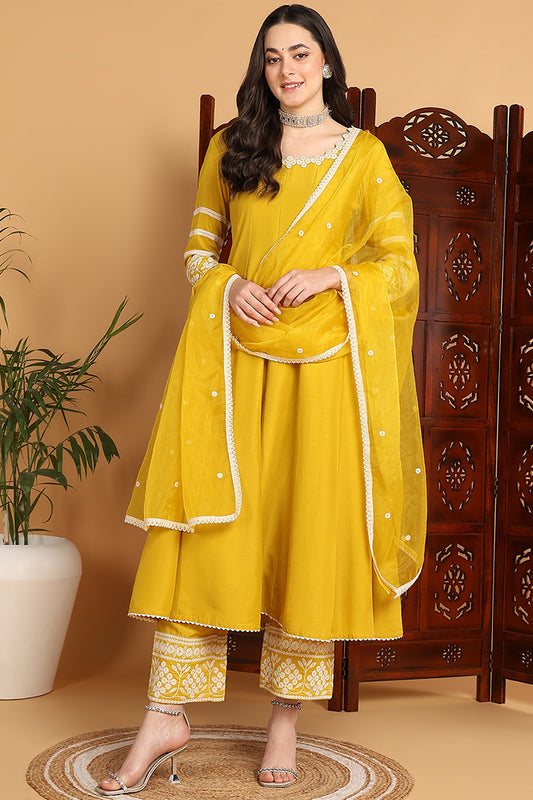 Yellow Silk Blend Solid Embroidered Anarkali Suit Set PKSKD2210