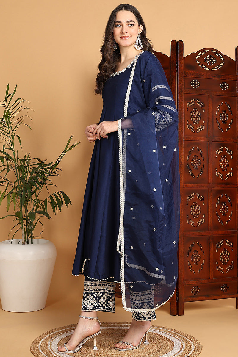 Navy Blue Silk Blend Solid Embroidered Anarkali Suit Set PKSKD2212