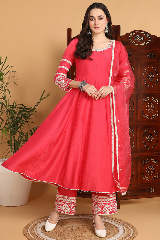 Pink Silk Blend Solid Embroidered Anarkali Suit Set PKSKD2213