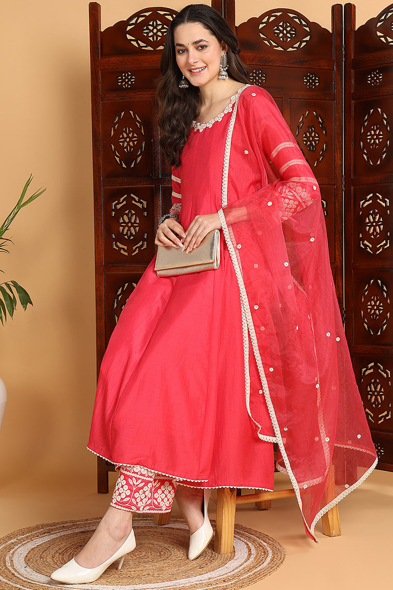 Pink Silk Blend Solid Embroidered Anarkali Suit Set PKSKD2213