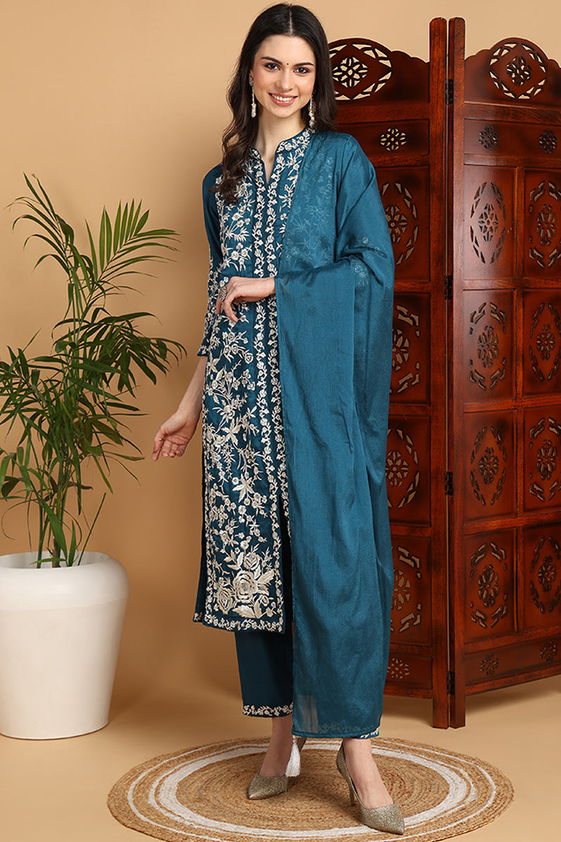 Teal Blue Silk Blend Solid Embroidered Straight Suit Set PKSKD2216