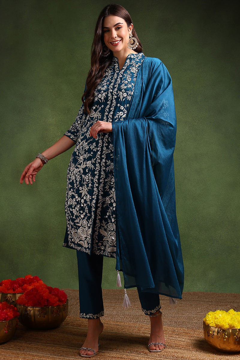 Teal Blue Silk Blend Solid Embroidered Straight Suit Set PKSKD2216