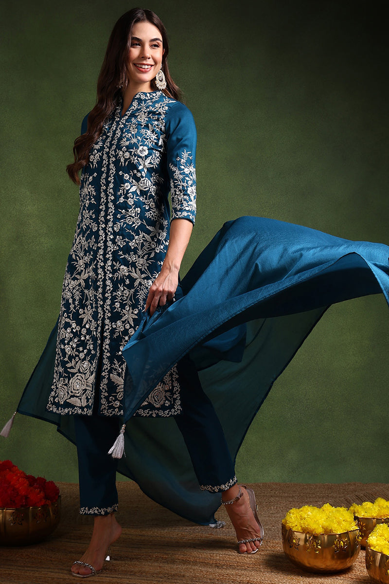 Teal Blue Silk Blend Solid Embroidered Straight Suit Set PKSKD2216