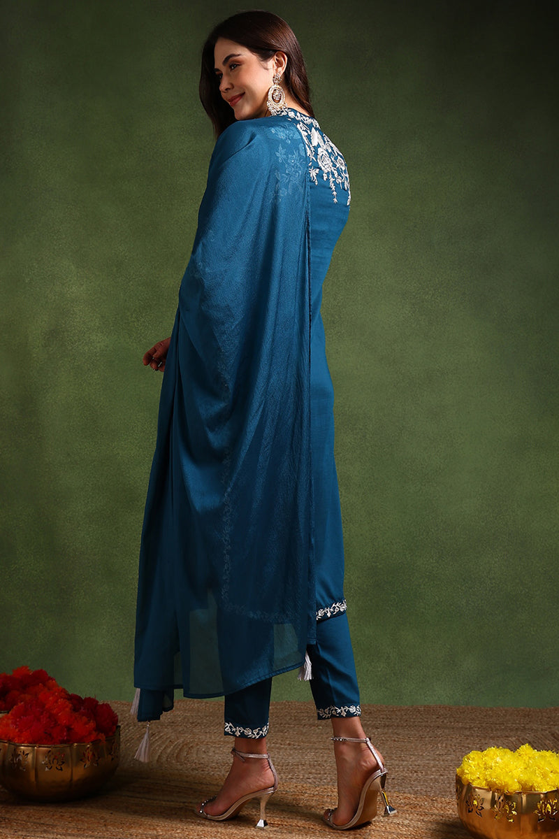 Teal Blue Silk Blend Solid Embroidered Straight Suit Set PKSKD2216