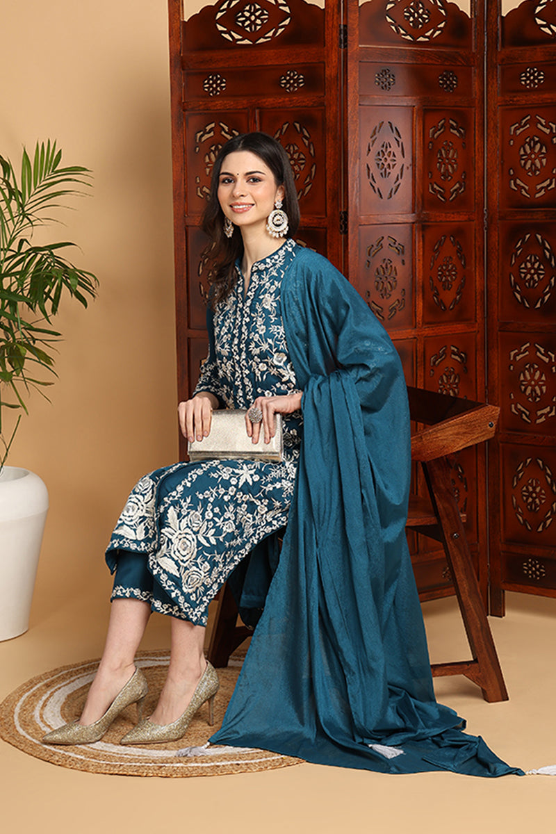 Teal Blue Silk Blend Solid Embroidered Straight Suit Set PKSKD2216