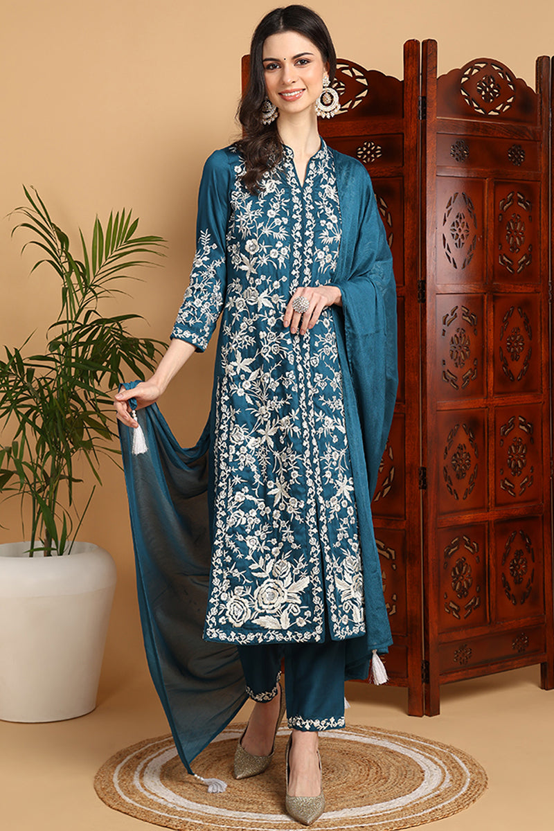 Teal Blue Silk Blend Solid Embroidered Straight Suit Set PKSKD2216