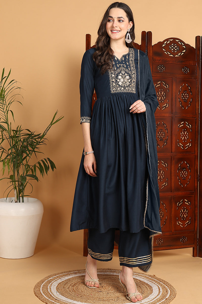 Blue Cotton Blend Solid Yoke Design A-Line Suit Set PKSKD2220