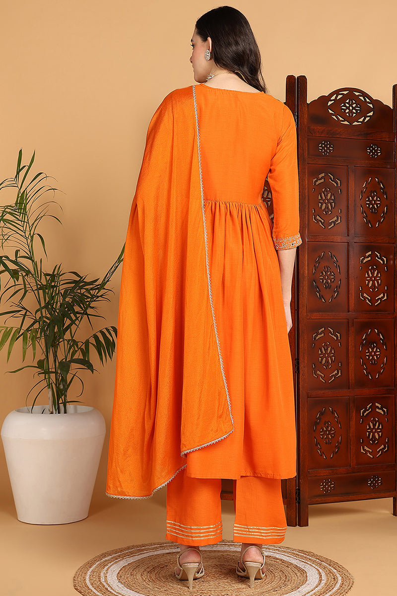 Orange Cotton Blend Solid Yoke Design A-Line Suit Set PKSKD2221