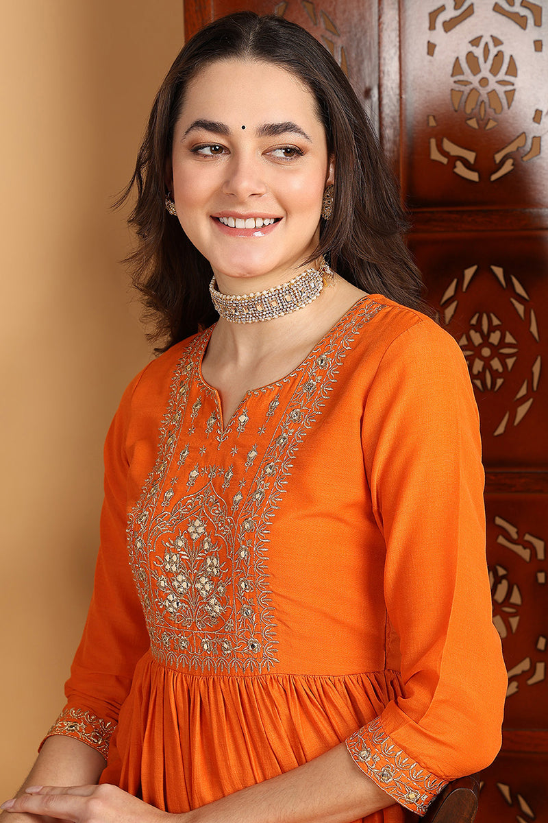 Orange Cotton Blend Solid Yoke Design A-Line Suit Set PKSKD2221