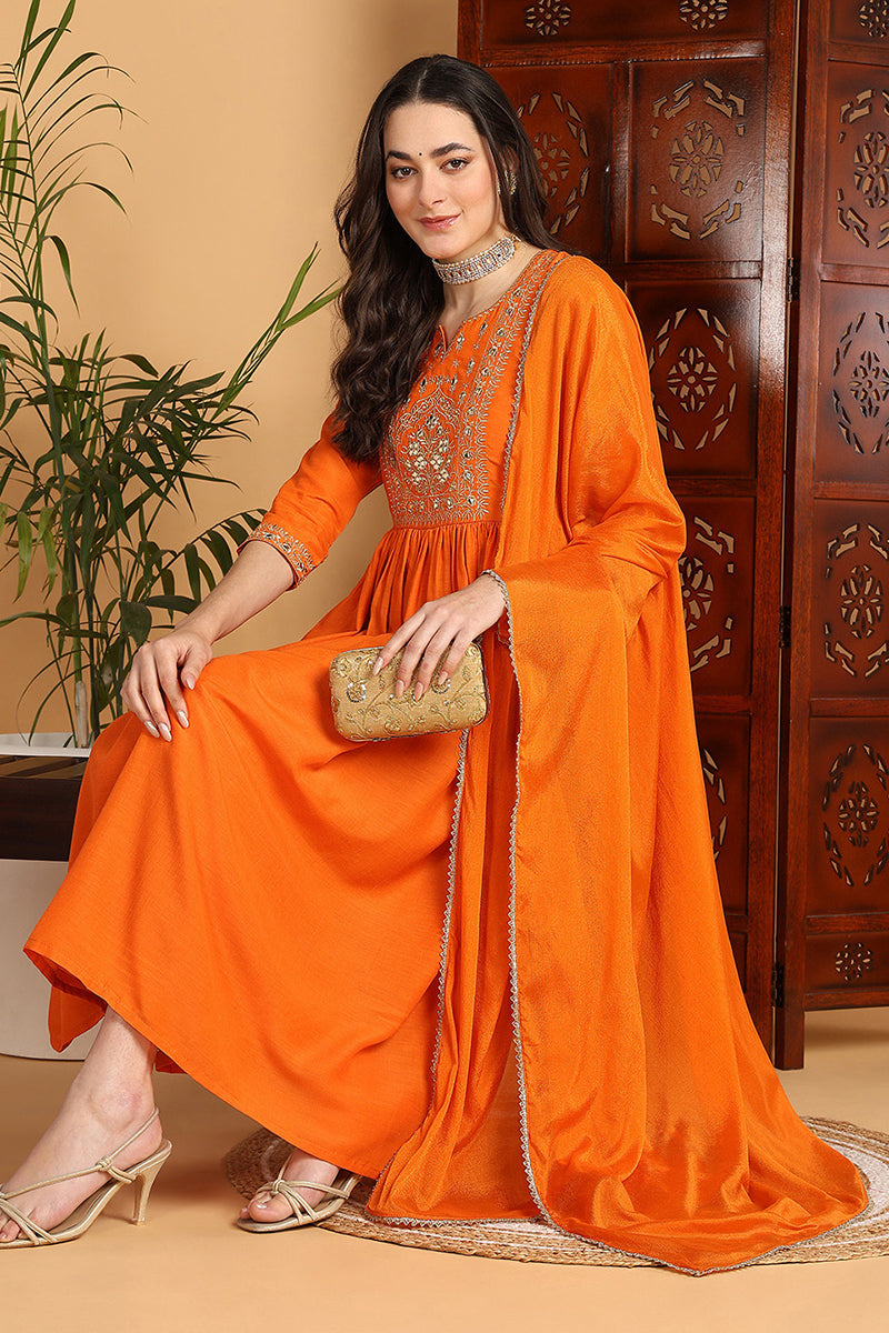 Orange Cotton Blend Solid Yoke Design A-Line Suit Set PKSKD2221