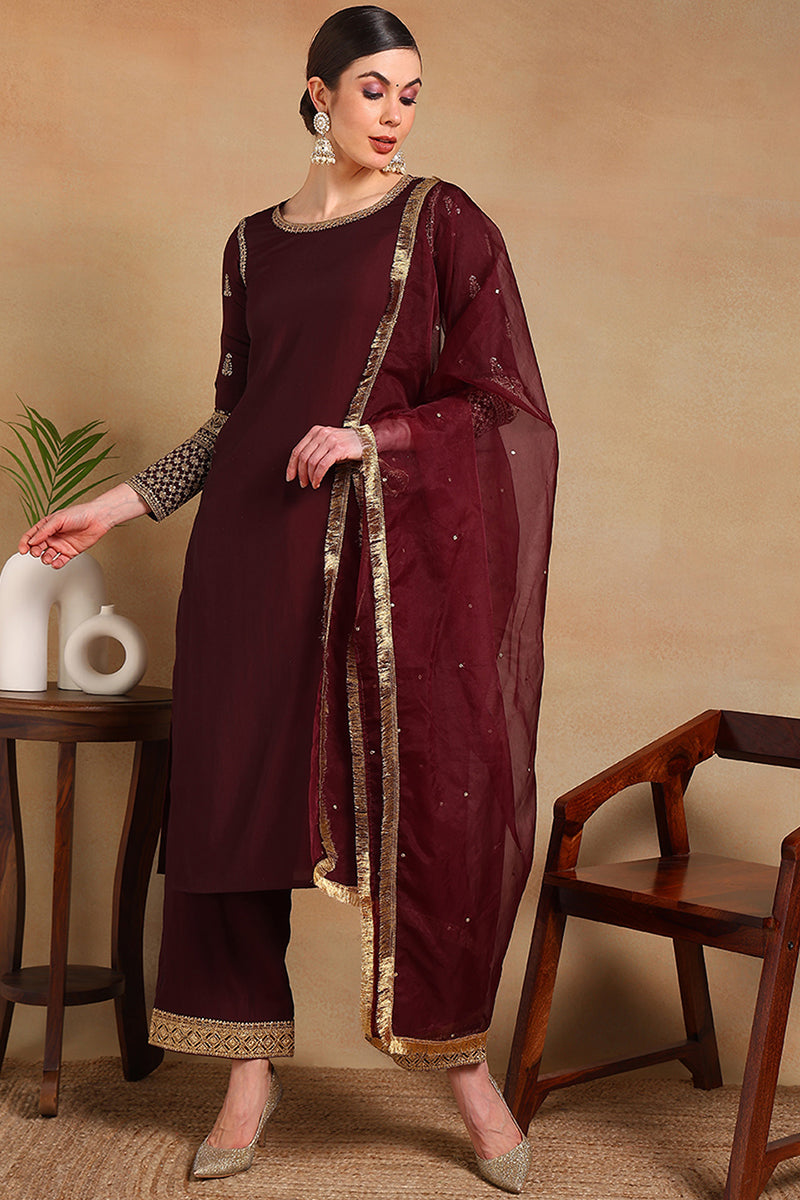 Burgundy Silk Blend Solid Embroidered Straight Regular Suit Set PKSKD2226