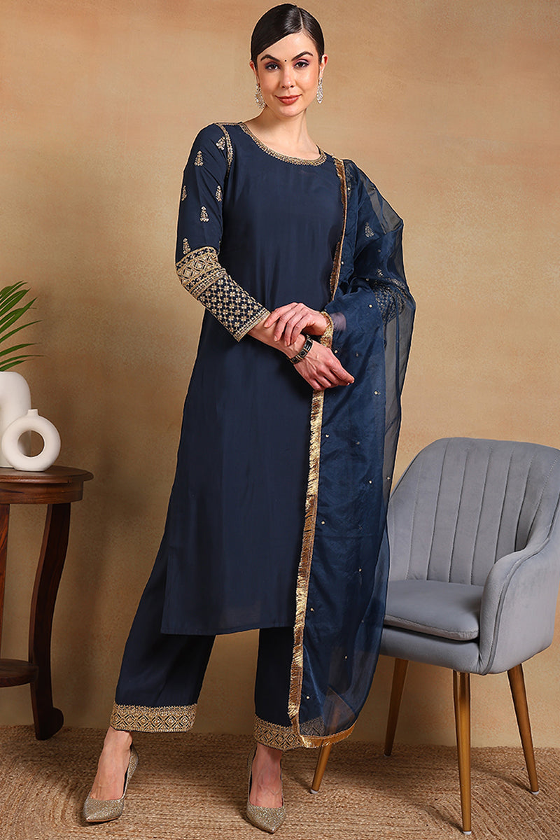 Teal Blue Silk Blend Solid Embroidered Straight Regular Suit Set PKSKD2229