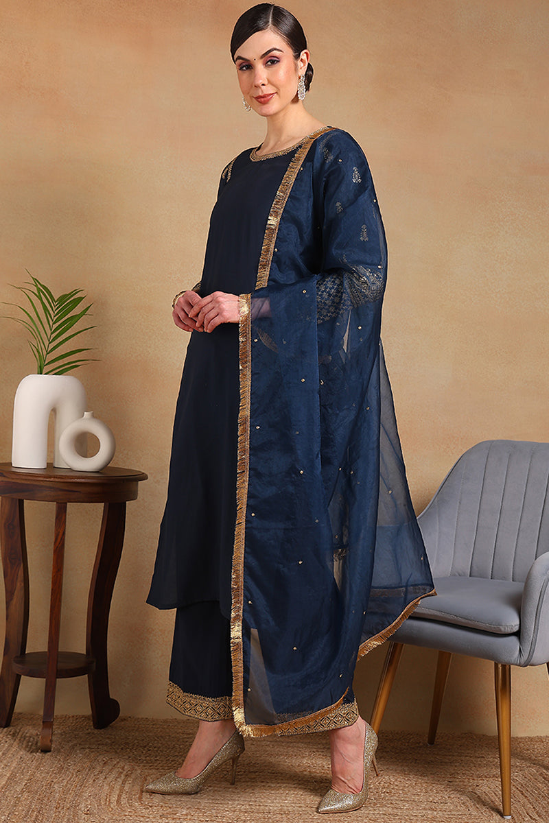 Teal Blue Silk Blend Solid Embroidered Straight Regular Suit Set PKSKD2229